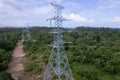 Aerial view high voltage steel power pylons Transmission tower supporting high voltage power line Tower of power lines in the Royalty Free Stock Photo