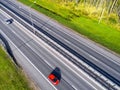 Aerial view of highway in city. Cars crossing interchange overpass. Highway interchange with traffic. Aerial bird`s eye photo of h Royalty Free Stock Photo