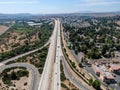 Aerial view of highway crossing a little town in California