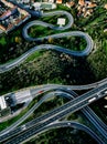 Aerial view of highway, expressway and motorway with a toll payment point in Italy