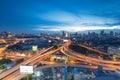 Aerial view highway intersection and city downtown Royalty Free Stock Photo