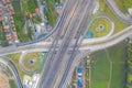 Aerial view of highway junctions Top view of Urban city, Bangkok, Thailand