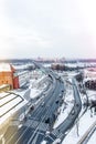 Aerial view of highway leading into Warsaw Old town, overlooking the Praha river, light leaks on the side