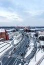 Aerial view of highway leading into Warsaw Old town, overlooking the Praha river