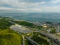 Aerial view of highway rest stop overlooking Akashi Bridge