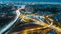 Aerial view highway road intersection at dusk for transportation, distribution or traffic background Royalty Free Stock Photo