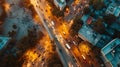 Aerial view highway road intersection at night for transportation, distribution or traffic background. Traffic jam urban city