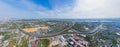 Aerial view of highway street roads in Bangkok Downtown skyline, Thailand. Financial business district and residential area in