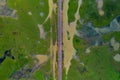 Aerial view of highway during sunrise in the middle of swamp