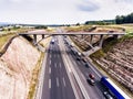 Aerial view of highway, traffic jam, green forest, Netherlands Royalty Free Stock Photo