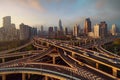 Aerial view of highways in Shanghai Downtown, China. Financial district and business centers in smart city in Asia. Top view of