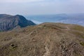 Aerial view of hikers on the summit of Scafell Pike - England`s tallest mountain