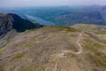 Aerial view of hikers on the summit of Scafell Pike