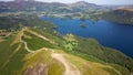 Aerial view of the hiking trail across the beautiful Catbells ridge in the English Lake District in summer Royalty Free Stock Photo