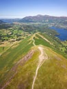 Aerial view of the hiking trail across the beautiful Catbells ridge in the English Lake District in summer