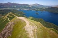 Aerial view of a hiking trail across a mountain ridge (Catbells and Derwentwater, Lake District