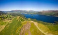 Aerial view of a hiking trail across a mountain ridge (Catbells and Derwentwater, Lake District