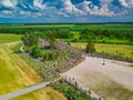 Aerial view of Hill of Crosses KRYZIU KALNAS . It is a famous religious site of catholic pilgrimage in Lithuania Royalty Free Stock Photo