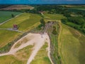 Aerial panoramic view of Hill of Crosses KRYZIU KALNAS . It is a famous religious site of catholic pilgrimage in Royalty Free Stock Photo