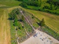 Aerial panoramic view of Hill of Crosses KRYZIU KALNAS . It is a famous religious site of catholic pilgrimage in Royalty Free Stock Photo