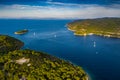 Aerial view of hills with green trees at sunset, Vis, Croatia, Place for helicopter landing, horizon Royalty Free Stock Photo