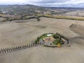 Aerial view on hills of Val d`Orcia, Tuscany, Italy. Tuscan landscape with ploughed fields in autumn Royalty Free Stock Photo