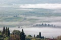 Aerial view of hilltop farmhouses & cypress trees in Tuscany on a foggy spring morning ~ Royalty Free Stock Photo