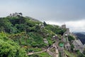 Aerial view on the hilltop medieval moorish castle Castle of the Moors in Sintra, Lisbon area, Portugal Royalty Free Stock Photo