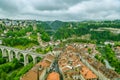 Aerial view on historic center of Fribourg, Switzerland during cloudy and rainy day