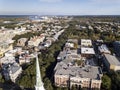 Aerial view of historic center of Savannah, Georgia with church steeple in foreground Royalty Free Stock Photo