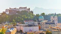 Aerial view of the historic city of Salzburg with Festung Hohensalzburg Fortress and Salzburger Cathedral Dom. Old town scenery