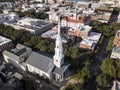 Aerial view of historic downtown Savannah, Georgia with church in foreground Royalty Free Stock Photo