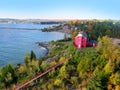 Aerial view of Historic Marquette harbor light house park in Michigan upper Peninsula Royalty Free Stock Photo