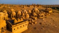 Aerial view of historic Royal Cenotaphs called Bada Bagh near Jaisalmer, Rajasthan Royalty Free Stock Photo