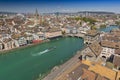 Aerial view of historic town centre of Zurich with the Muenster Bridge and Fraumuenster Church along Limmat river, Zurich, Royalty Free Stock Photo