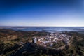 Aerial view of the historic village of Monsaraz in Alentejo with the Alqueva dam reservoir on the background Royalty Free Stock Photo