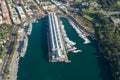 Aerial view of historic Woolloomooloo wharf with yachts and residential property