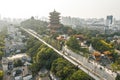 Aerial view of the historic Wuhan Yellow Crane Tower in Wuhan, China