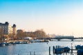 Aerial view of historic Zurich city center with pier at river Limmat and Lake Zurich Switzerland. Royalty Free Stock Photo