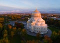 Aerial view of the historical cathedral in Kronshtadt, St. Petersburg