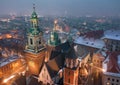 Aerial view of the historical center of Krakow, church, Wawel Royal Castle at night Royalty Free Stock Photo