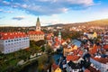 Aerial view of historical centre of Cesky Krumlov town on Vltava riverbank on autumn day overlooking medieval Castle, Czech