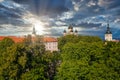 Aerial view of the historical Old Town gleaming under the sunset in Tallinn,Estonia Royalty Free Stock Photo