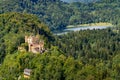 Aerial view of the Hohenschwangau castle, Schwann See lake and Bavarian forest on the Royalty Free Stock Photo