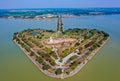 Aerial view of the holy heart land, a heart shape island in Thung Talay Luang, Mueang District, Sukhothai.