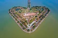 Aerial view of the holy heart land, a heart shape island in Thung Talay Luang, Mueang District, Sukhothai.