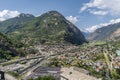 Aerial view of Hone and of the southern part of the Aosta Valley, Italy, from Bard`s Fort