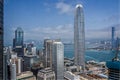 Aerial view of Hong Kong Island skyscrappers looking across to Kowloon