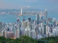 Aerial view, Hong Kong office building over Victoria Bay