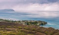 Aerial view of Honolulu, ocean, and foggy mountains from the summit of Diamond Head crater Royalty Free Stock Photo